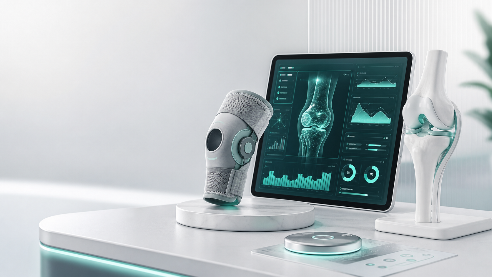 膝护 AI 医疗科技产品界面、护膝和膝关节模型